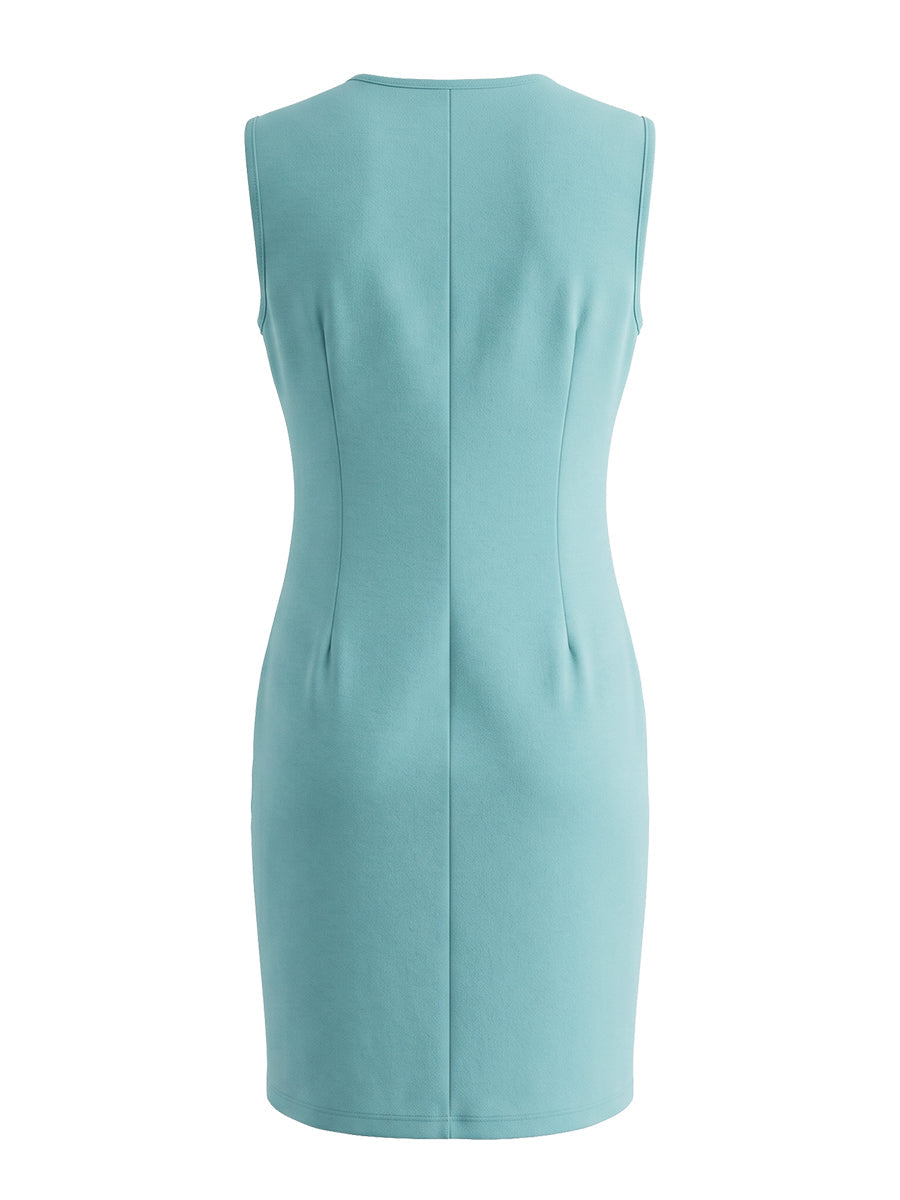 Bodycon Sleeveless Buttoned Solid Color Round-Neck Midi Dresses