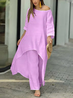 Asymmetric Solid Color High Waist High-Low Round-Neck Tops + Wide Leg Pants Bottoms Two Pieces Set