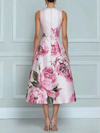 Zipper Pockets Pleated Flower Print Contrast Color Sleeveless High Waisted Round-Neck Midi Dresses