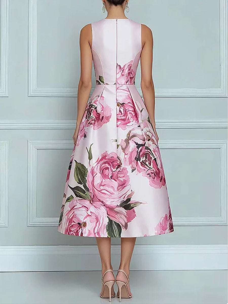 Zipper Pockets Pleated Flower Print Contrast Color Sleeveless High Waisted Round-Neck Midi Dresses