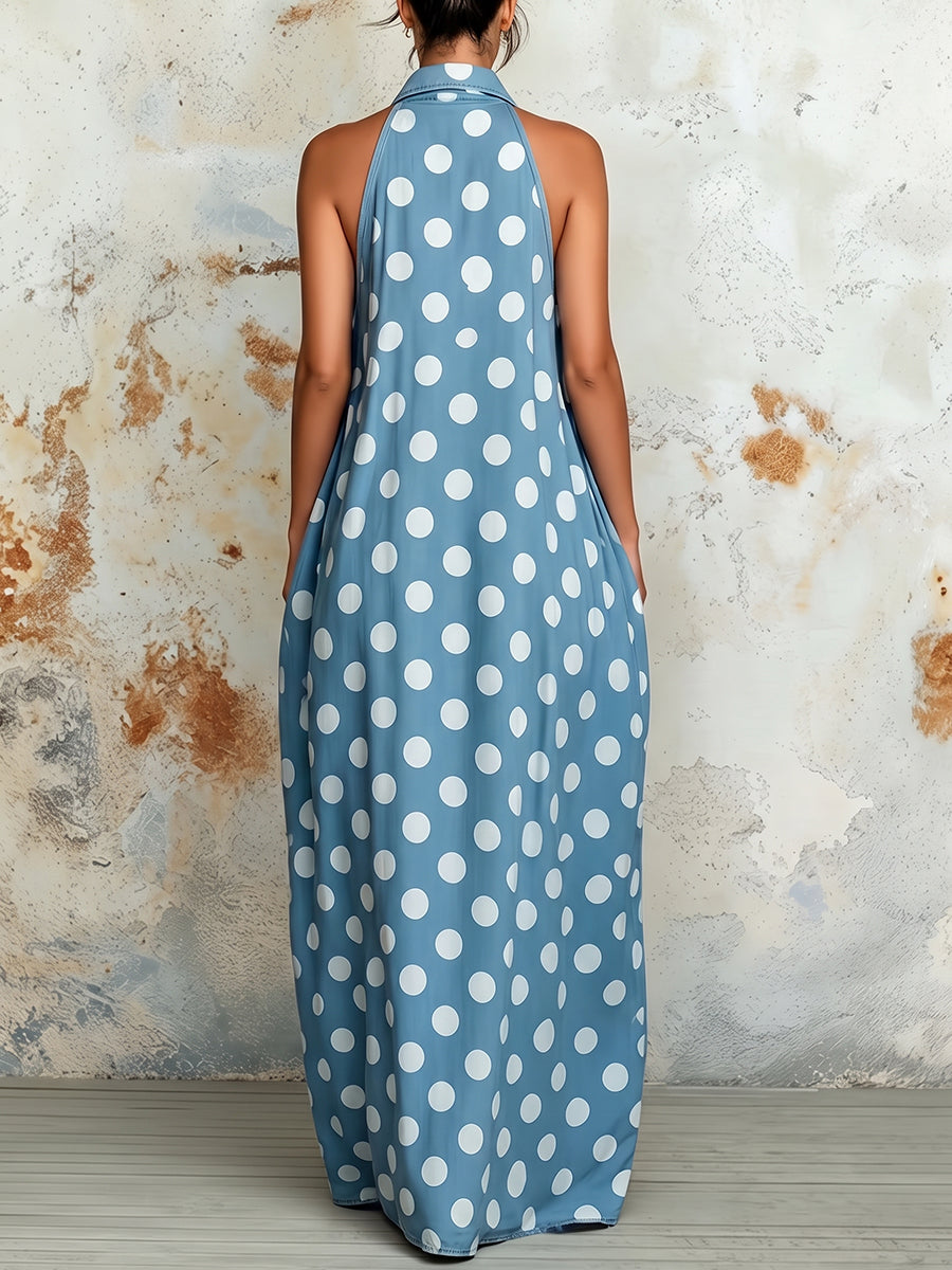 Polka Dot Pleated Contrast Color Buttoned Sleeveless Loose Lapel Maxi Dresses