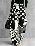 Zipper Striped Polka-Dot Pockets Contrast Color Buttoned Wide Leg Loose Trousers Pants