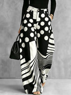Zipper Striped Polka-Dot Pockets Contrast Color Buttoned Wide Leg Loose Trousers Pants