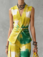 Tied Printed Knot Contrast Color Sleeveless V-Neck Blouses&Shirts Tops