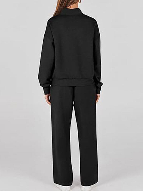 High Waisted Long Sleeves Drawstring Split-Joint Sweatshirt + Pants/Trousers Two Pieces Set