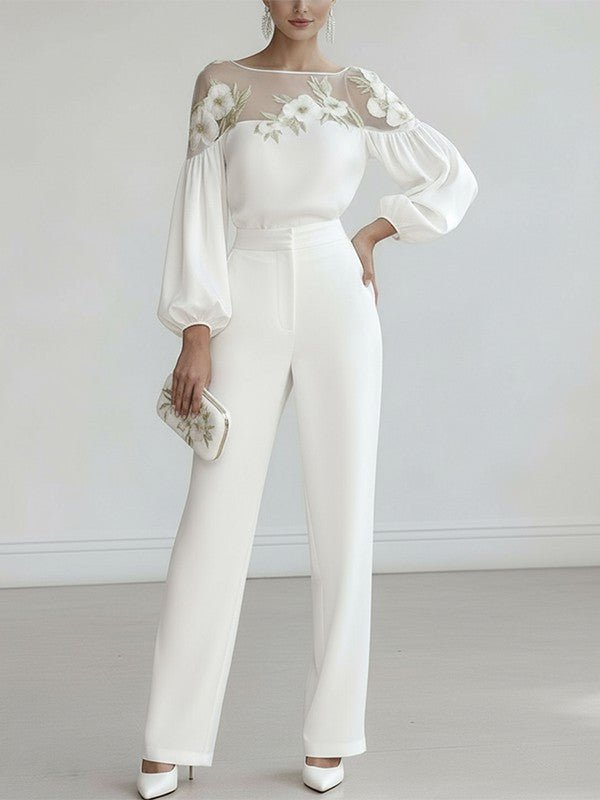 Loose Puff Sleeves Applique Flower Shape Mesh Split-Joint Round-Neck Blouses&Shirts Tops