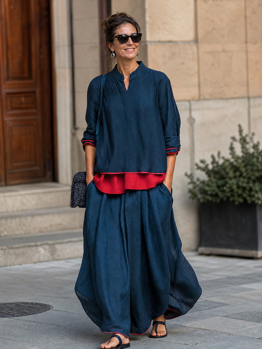 Contrast Color Loose Long Sleeves V-neck Blouses&shirts Tops