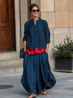 Contrast Color Loose Long Sleeves V-neck Blouses&shirts Tops