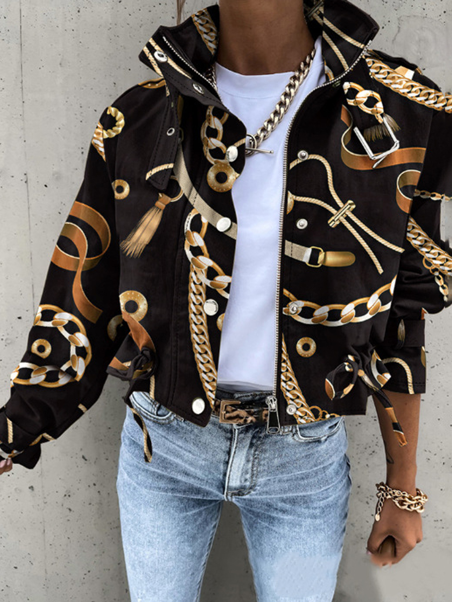 Long Sleeves Loose Buttoned Drawstring Pockets Printed Split-Joint Zipper Stand Collar Jackets Outerwear