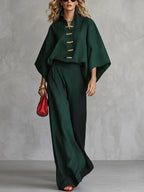 Striped Frog Button Contrast Color Three-quarter Sleeves Batwing Sleeves Stand Collar Blouses&shirts Tops