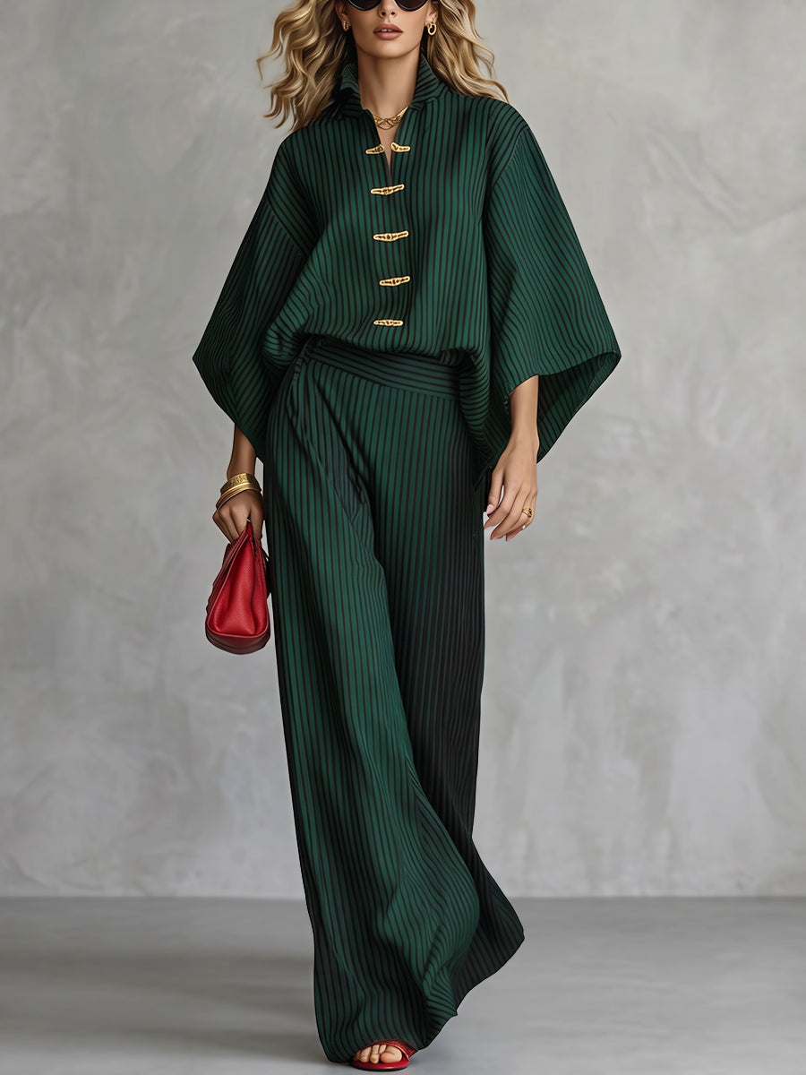 Striped Frog Button Contrast Color Three-quarter Sleeves Batwing Sleeves Stand Collar Blouses&shirts Tops