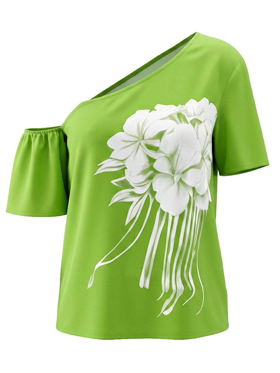 Short Sleeves Contrast Color Flower Print One-Shoulder Blouses&Shirts Tops