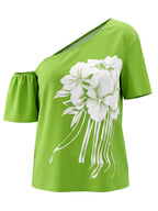 Short Sleeves Contrast Color Flower Print One-Shoulder Blouses&Shirts Tops