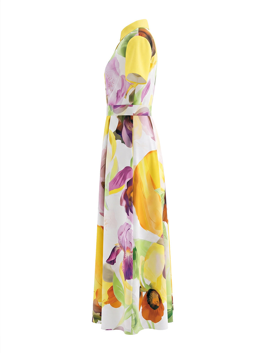 A-Line Loose Pleated Pockets Printed Zipper Stand Collar Maxi Dresses