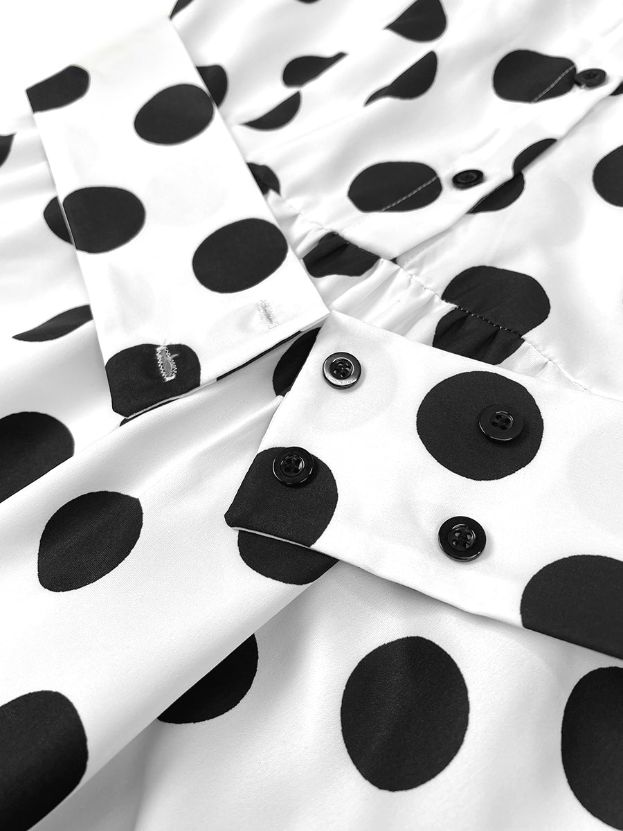 A-Line Half Sleeves Buttoned Contrast Color Elasticity Polka Dot Lapel Maxi Dresses Shirt Dress
