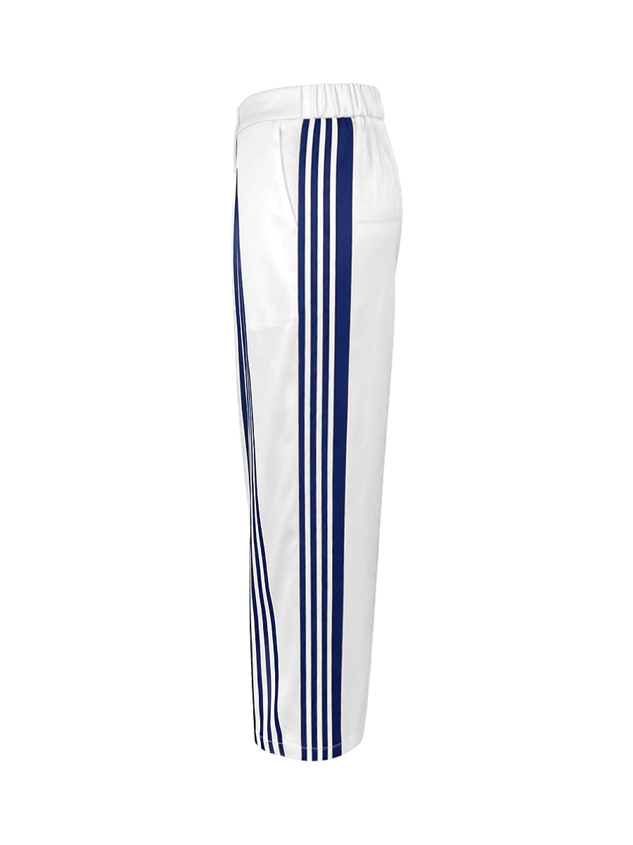 High Waisted Wide Leg Contrast Color No Belt Pockets Pants Trousers