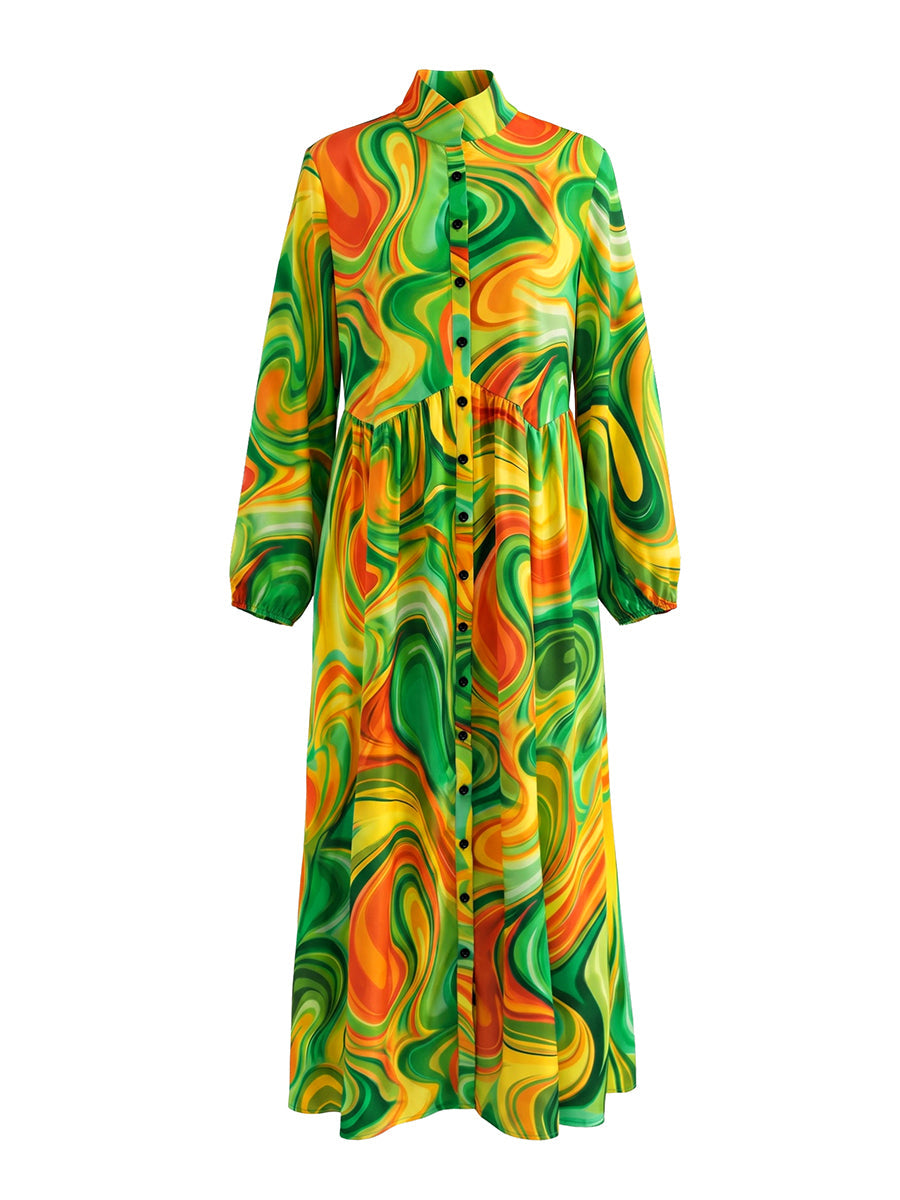 Printed Pockets Pleated Contrast Color Loose Long Sleeves Stand Collar Maxi Dresses