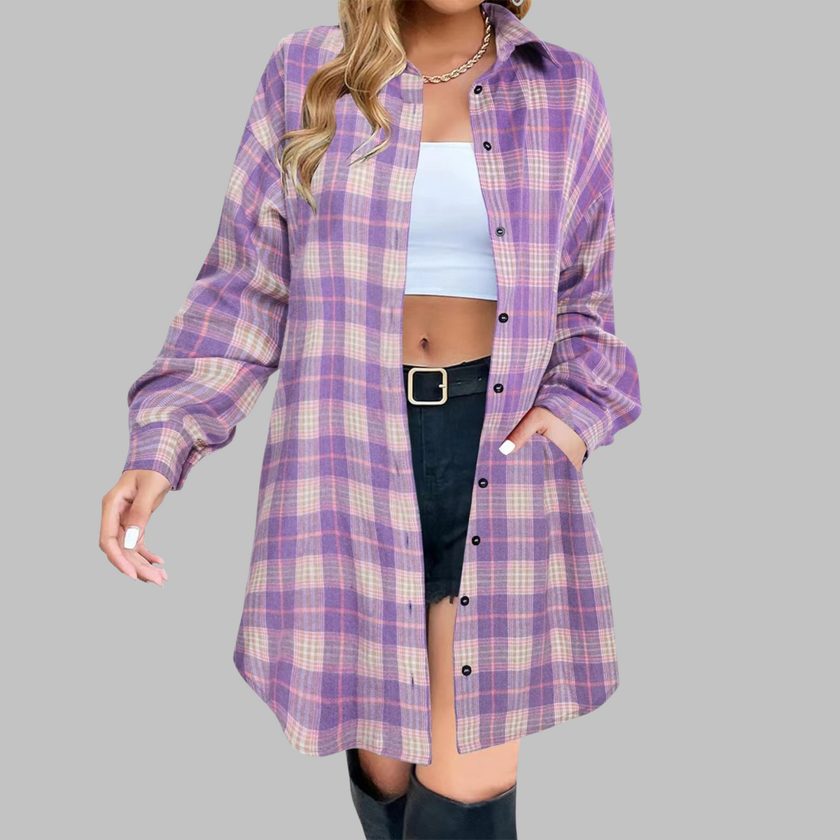 CINA™ - Classy Button Down Plaid Long-Sleeve Jacket