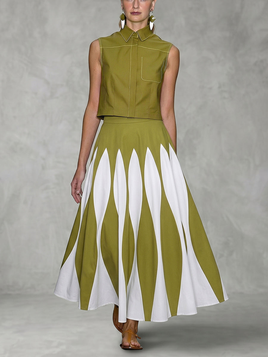 A-Line High Waisted Contrast Color Pleated Printed Skirts Bottoms