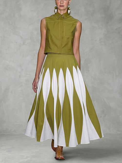 A-Line High Waisted Contrast Color Pleated Printed Skirts Bottoms