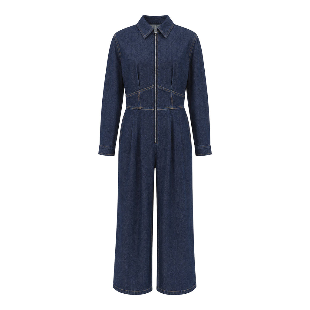 Zipper Split-Joint Solid Color Pockets Wide Leg Long Sleeves Lapel Jumpsuits