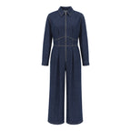 Zipper Split-Joint Solid Color Pockets Wide Leg Long Sleeves Lapel Jumpsuits