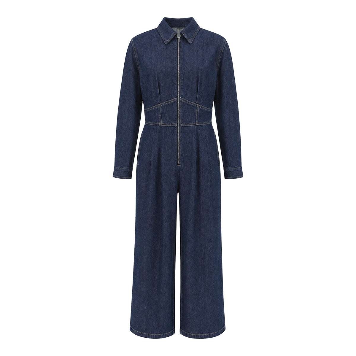 Zipper Split-Joint Solid Color Pockets Wide Leg Long Sleeves Lapel Jumpsuits