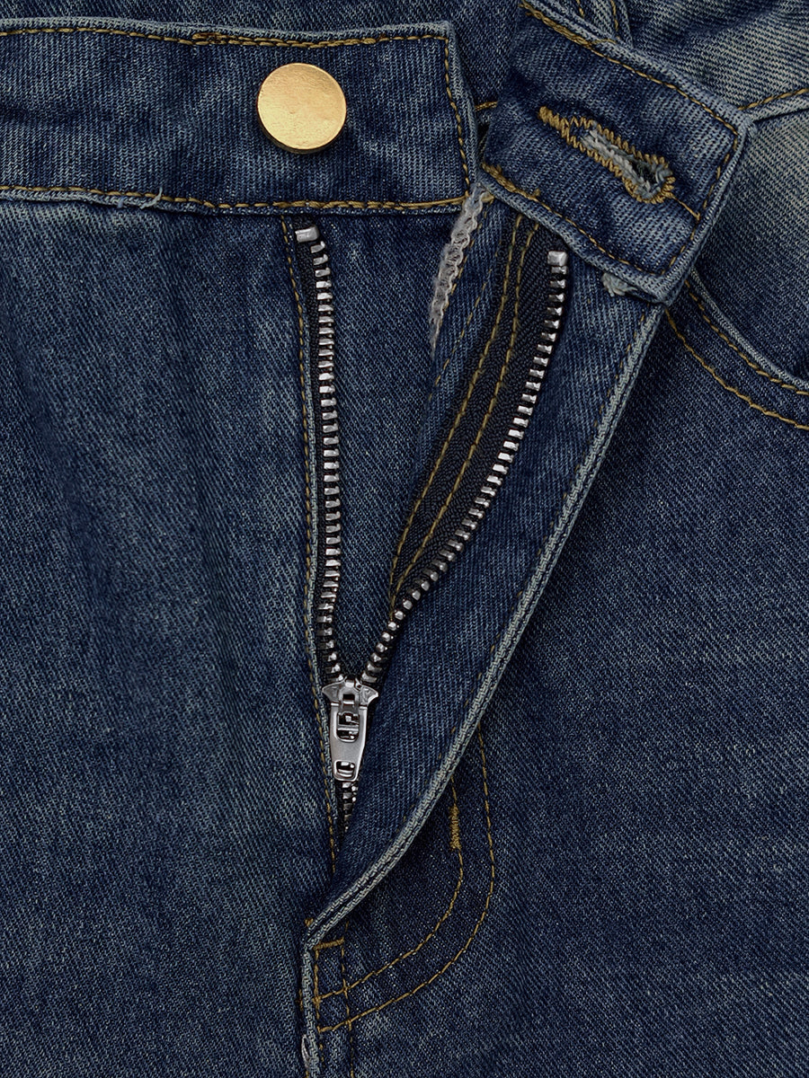 Split-Joint Pockets Hollow Geometric Buttoned Wide Leg Loose Jean Pants Bottoms
