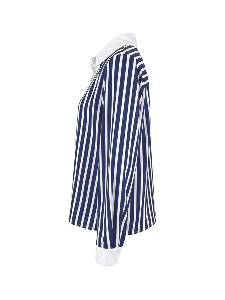 Long Sleeves Buttoned Contrast Color Striped Lapel Blouses&Shirts Tops