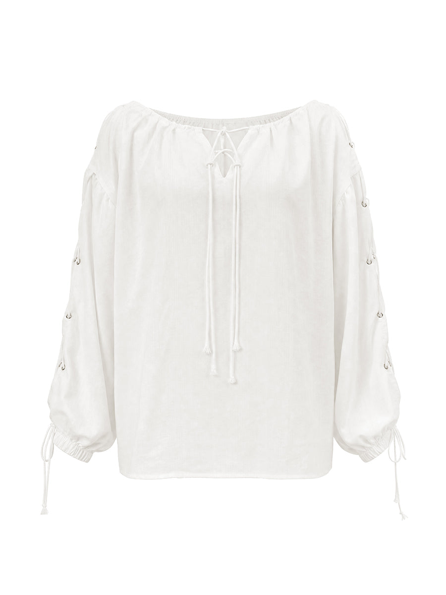 Split-Joint Solid Color Pleated Hollow Drawstring Loose Long Sleeves Cold shoulder Blouses&shirts Tops