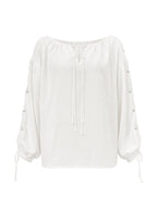 Split-Joint Solid Color Pleated Hollow Drawstring Loose Long Sleeves Cold shoulder Blouses&shirts Tops