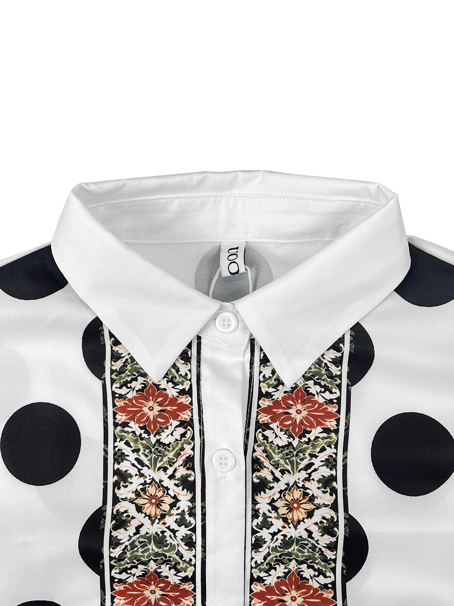 Long Sleeves Loose Buttoned Polka Dot Printed V-Neck Blouses&Shirts Tops