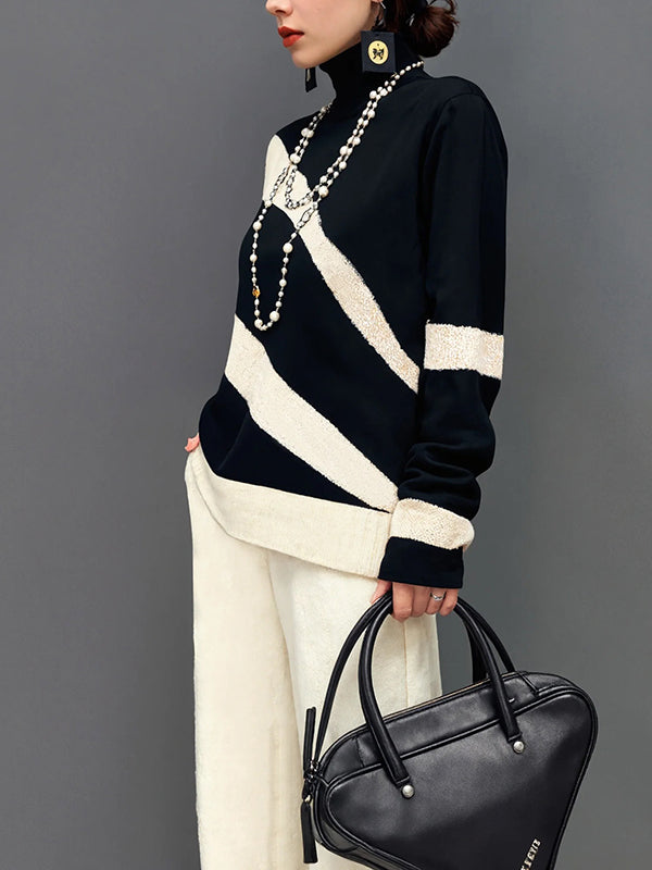 Long Sleeves Loose Contrast Color High Neck Sweater Tops