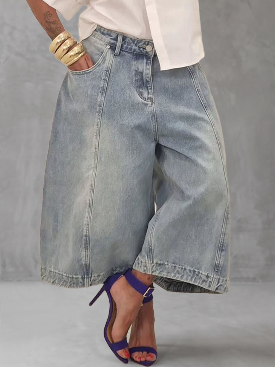 Zipper Solid Color Pockets Buttoned Wide Leg Loose Jean Pants Bottoms