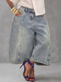 Zipper Solid Color Pockets Buttoned Wide Leg Loose Jean Pants Bottoms
