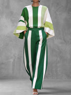 Striped Pockets Elasticity Contrast Color Wide Leg Loose Trousers Pants