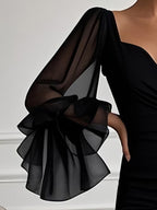 Flared Sleeves Long Sleeves Solid Color Split-side Zipper V-neck Maxi Dresses