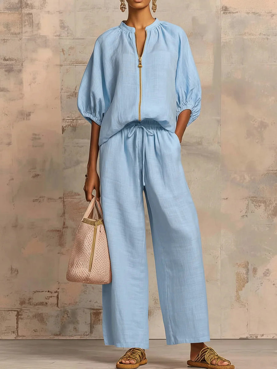 Half Sleeves Loose Drawstring Elasticity Pockets Solid Color Zipper Round-Neck Blouses&Shirts Tops Pants Trousers Two Pieces Set