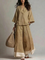 Loose Plus Size Contrast Color Pleated Pockets V-Neck Two Pieces Set