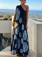 A-Line Loose Contrast Color Pleated Printed Split-Joint One-Shoulder Maxi Dresses