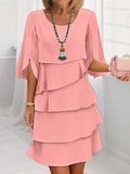 Half Sleeves Loose Layered Ruffled Solid Color Split-Joint Round-Neck Mini Dresses