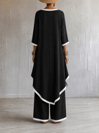 Loose Contrast Color Split-Joint Round-neck High-low Asymmetric Blouses&shirts Tops + Pockets Pants Trousers Two Pieces Set