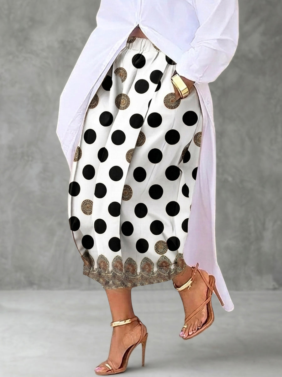 Printed Polka-Dot Pockets Elasticity Contrast Color Wide Leg High Waisted Ninth Pants