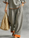 Pockets Plaid Contrast Color Wide Leg High Waisted Trousers Pants