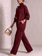 Solid Color Ribbed Pockets Buttoned Asymmetric Loose Long Sleeves High-neck Sweater Tops Pullovers