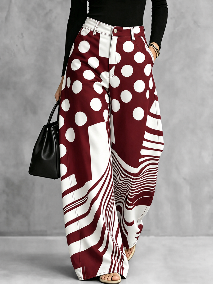 Zipper Striped Polka-Dot Pockets Contrast Color Buttoned Wide Leg Loose Trousers Pants