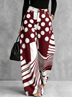 Zipper Striped Polka-Dot Pockets Contrast Color Buttoned Wide Leg Loose Trousers Pants