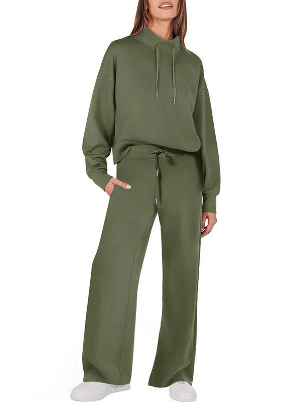 High Waisted Long Sleeves Drawstring Split-Joint Sweatshirt + Pants/Trousers Two Pieces Set