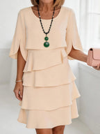 Half Sleeves Loose Layered Ruffled Solid Color Split-Joint Round-Neck Mini Dresses