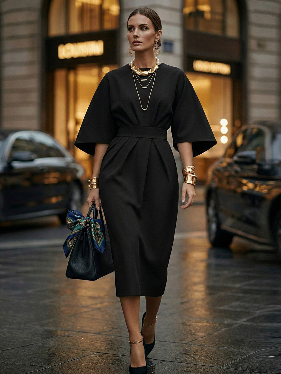 Batwing Sleeves Elasticated Waist Pleated Solid Color Split-Joint Round-Neck Midi Dresses
